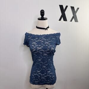 Vintage Y2K Blue Mesh Lace Off Shoulder Fairy Grunge Top Whimsigoth Indie M L